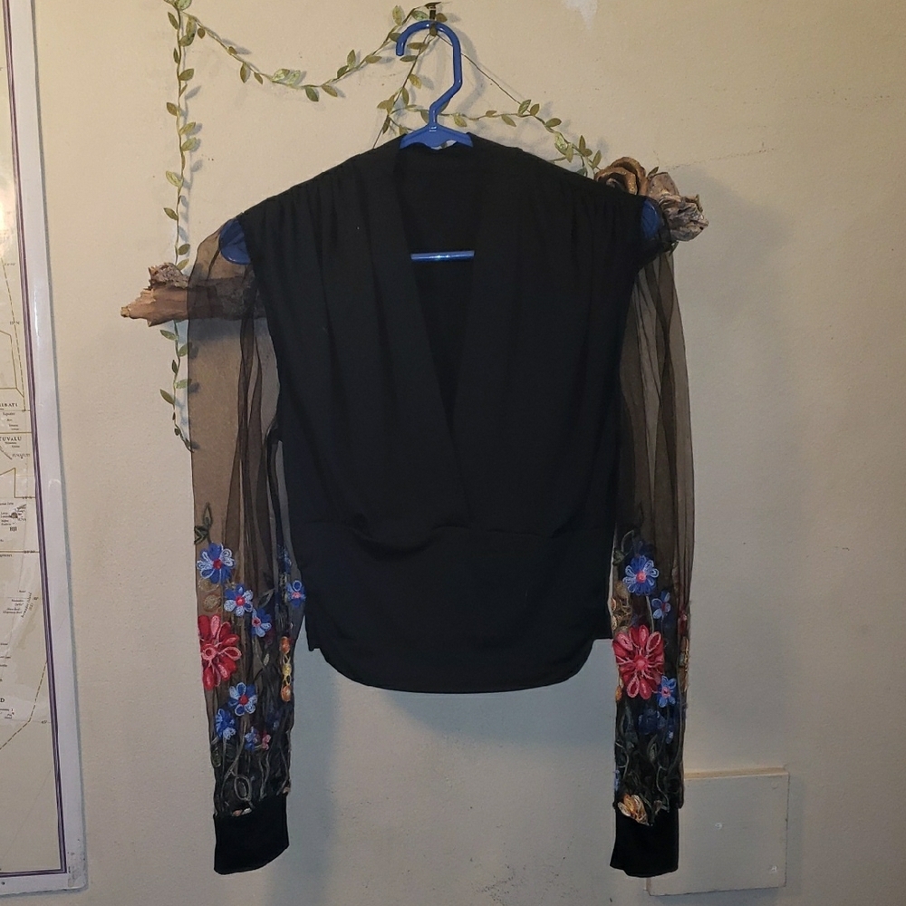 Elegant Black Sheer Sleeve Top with Floral Embroidery